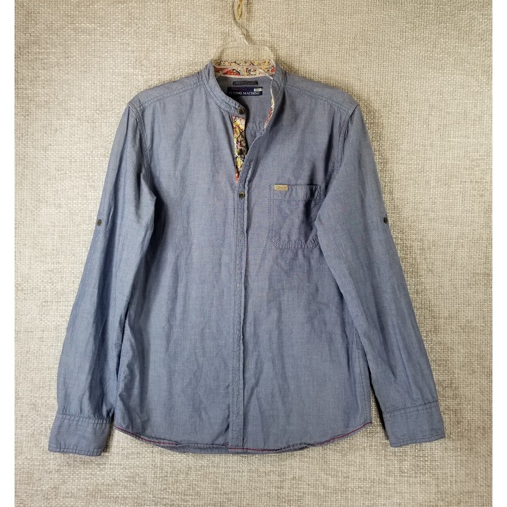 Flying Machine Denim Look Shirt Womens Medium Blue 100% Cotton Floral Trim